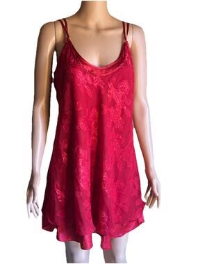 Vintage Inner Most Red Chemise Gown S Liquid Satin Lace Overlay